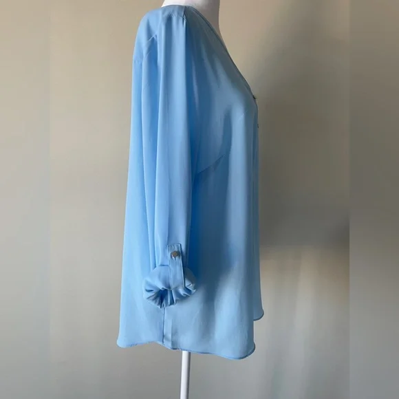 JM Collection roll-tab sleeves blue blouse - Picture 3 of 7